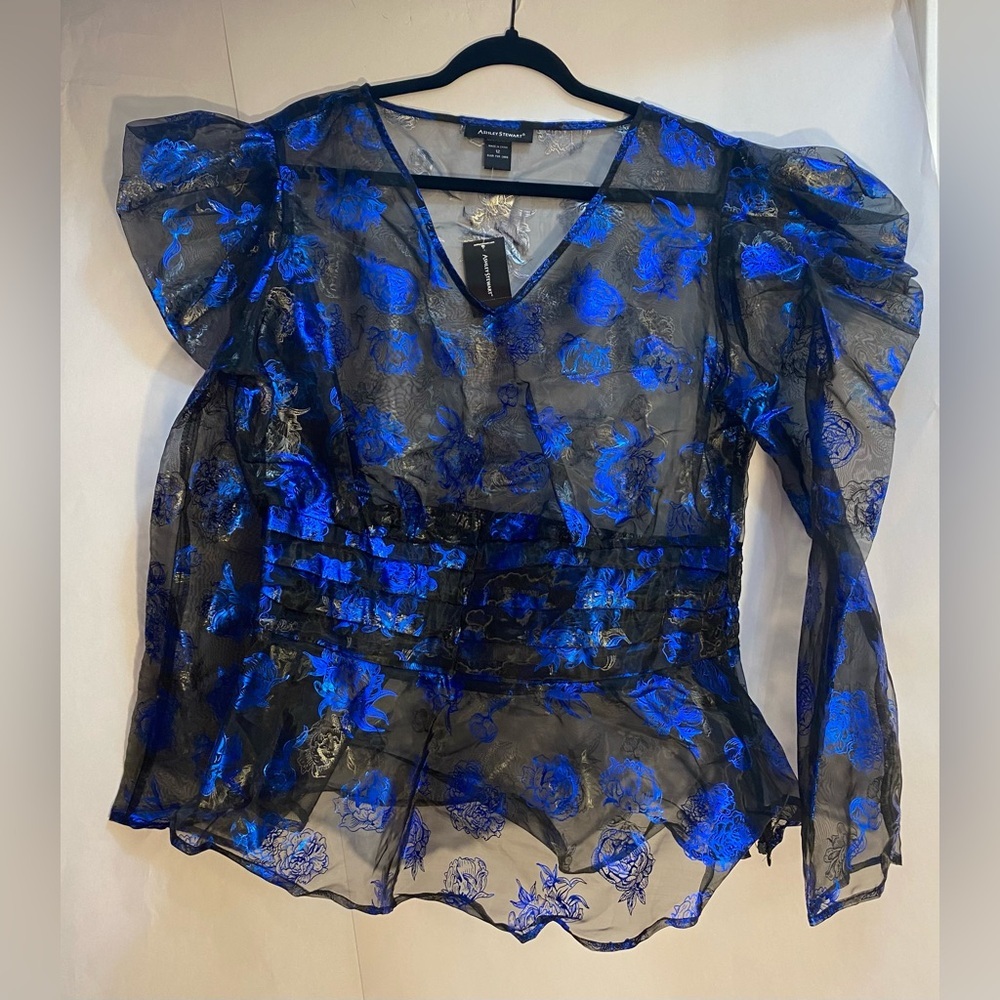 NWT‎ Ashley Stewart Puff Sleeve Organza Peplum Top Blouse Size 12